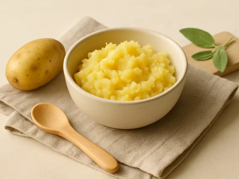 Verse aardappel, heel en klaargemaakt voor een baby