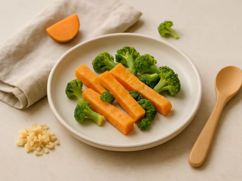 Kom zilvervliesrijstrepen met zoete aardappel en broccoli, geschikt vanaf 8 maanden