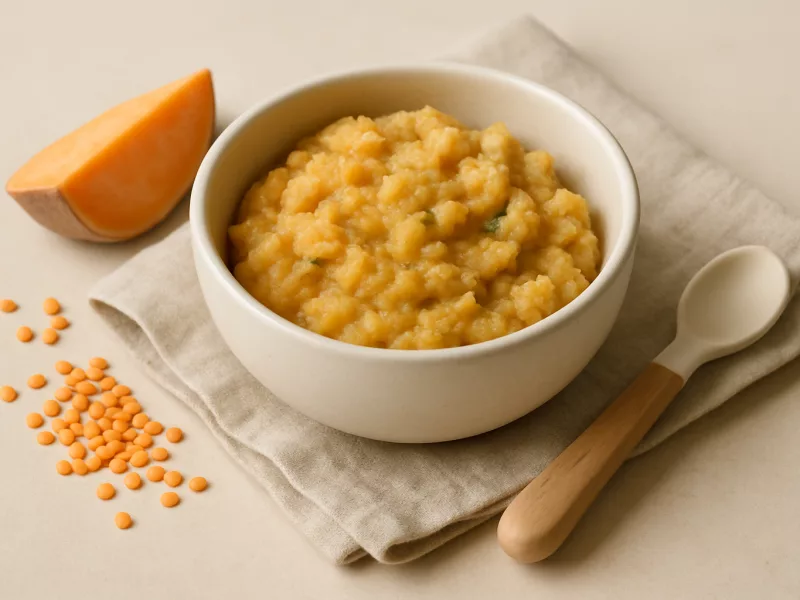 Kom stukjessoep met amandelpasta, zoete aardappel en rode linzen, geschikt vanaf 11 maanden