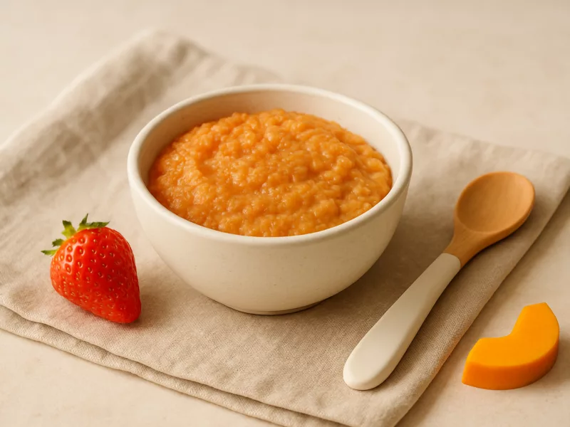 Kom ontbijt baby 6 maanden recept: aardbei-quinoapuree met pompoen en komijn, geschikt vanaf 6 maanden