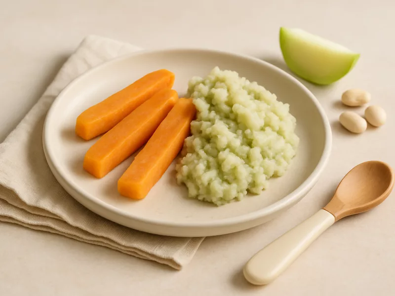 Kom zoete aardappel reepjes baby met grove koolrabi-wittebonenstamp, geschikt vanaf 6 maanden