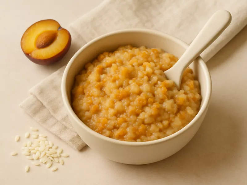 Kom baby 7 maanden avondeten recept: geprakte pruimen-rijstpap met pompoen, geschikt vanaf 7 maanden