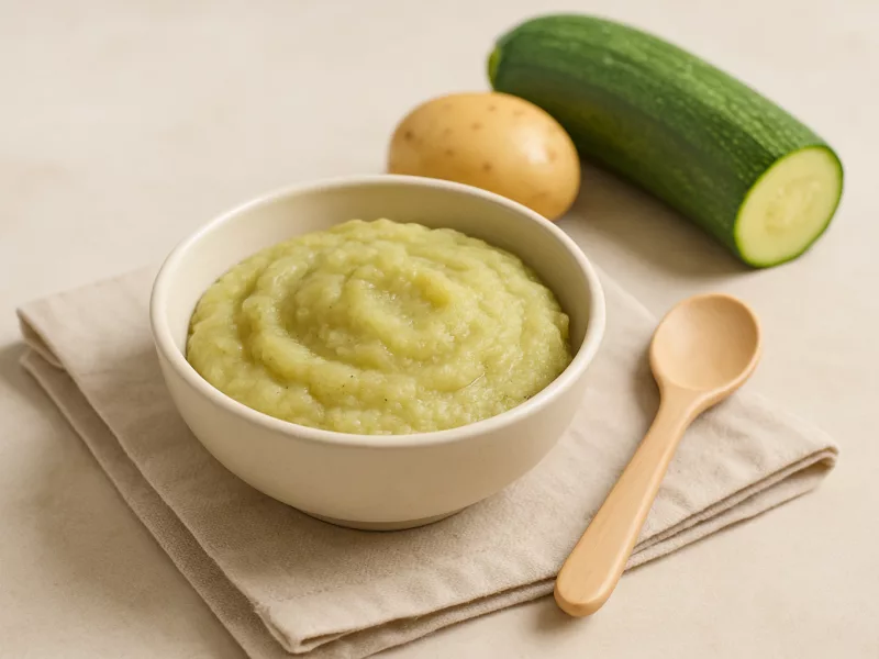 Kom courgettepuree baby met aardappel, peer en olijfolie, geschikt vanaf 4 maanden