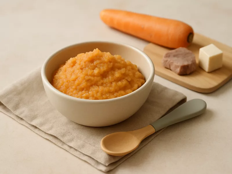 Kom ontbijt baby 6 maanden recept: stevige lamsvlees-tofupuree met wortel, geschikt vanaf 6 maanden