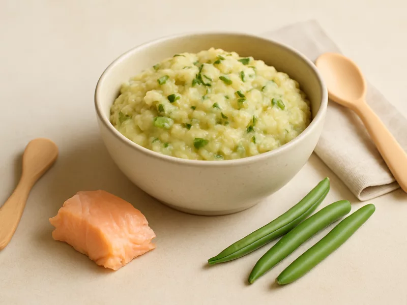 Kom avondeten baby 6 maanden: forel-gierstpuree met sperziebonen en bieslook, geschikt vanaf 6 maanden
