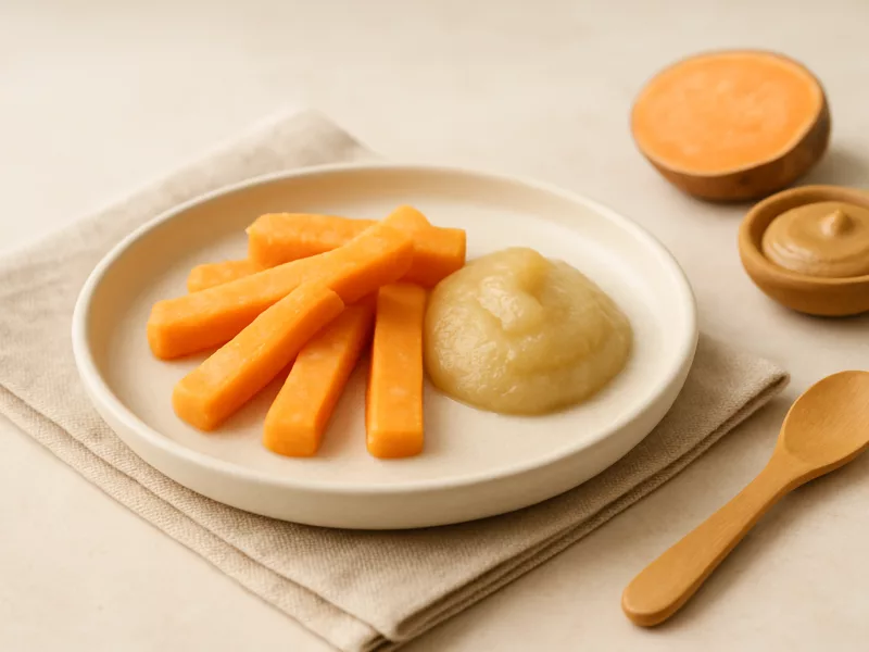 Kom zoete aardappel reepjes baby met cashewpasta-peerpuree, geschikt vanaf 6 maanden