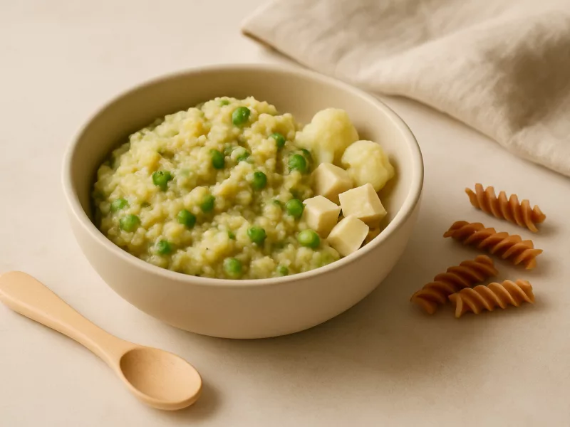 Kom linzenpastastamppot met bloemkool, doperwten en tofu, geschikt vanaf 11 maanden