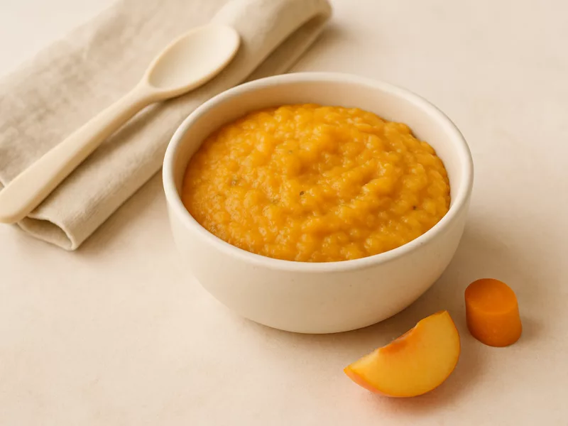 Kom eerste hapje wortel recept met perzik en courgette, geschikt vanaf 4 maanden