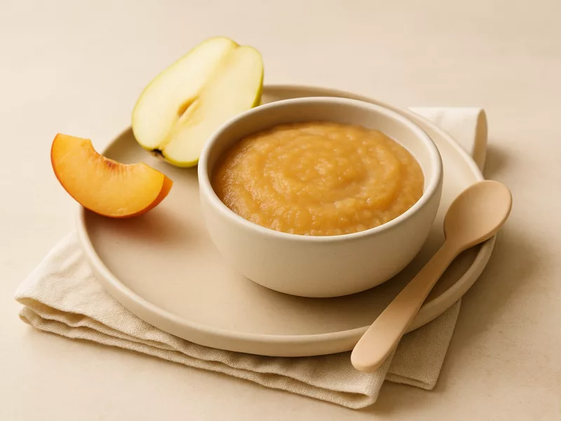 Kom perenmoes baby recept met perzik en appel, geschikt vanaf 4 maanden