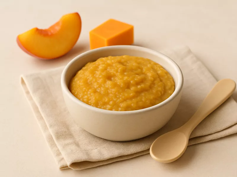 Kom avocado banaan puree baby met perzik, pompoen en pastinaak, geschikt vanaf 4 maanden