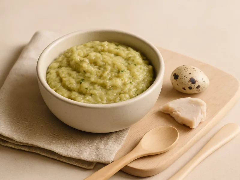 Kom kip puree baby recept met kwartelei, courgette en postelein, geschikt vanaf 6 maanden