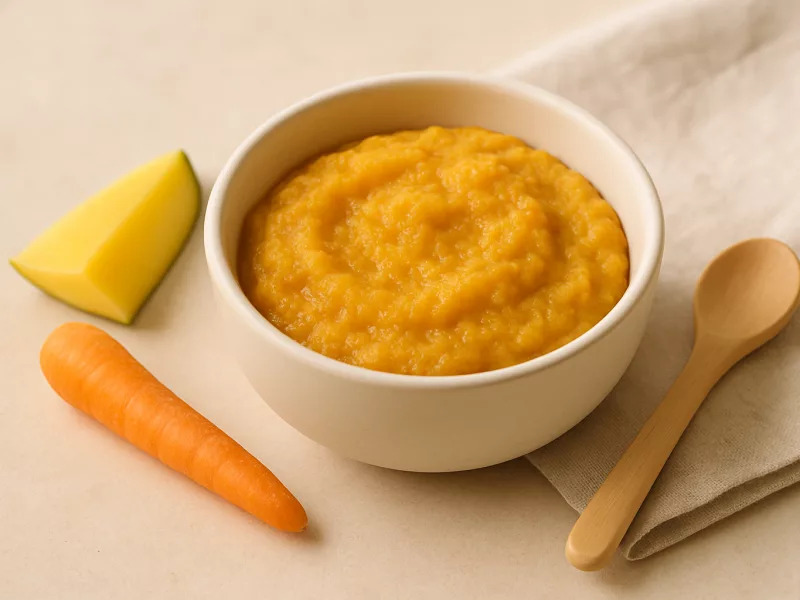 Kom eerste hapje wortel recept: mango-wortel-aardappelpuree, geschikt vanaf 4 maanden
