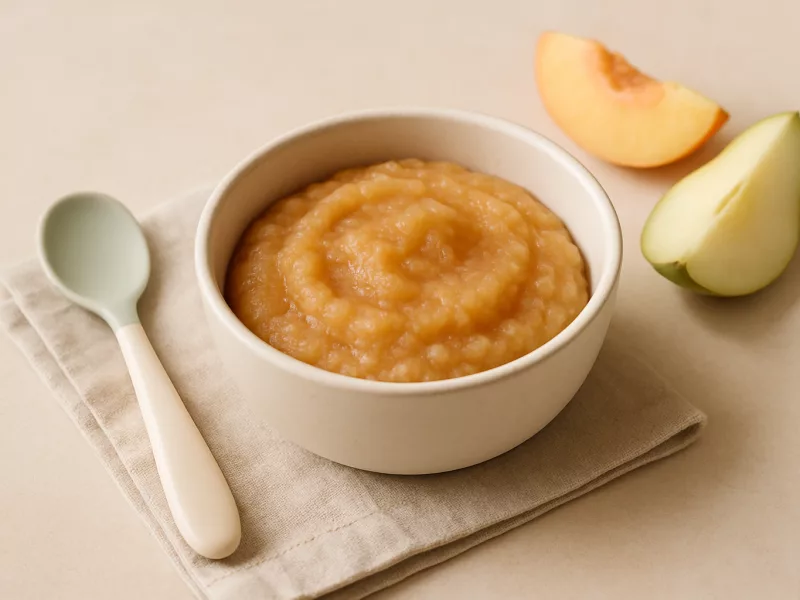 Kom perenmoes baby recept met perzik en zoete aardappel, geschikt vanaf 4 maanden