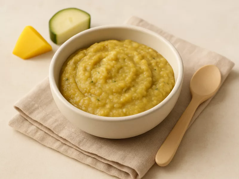 Kom avocado banaan puree baby met mango, courgette en zoete aardappel, geschikt vanaf 4 maanden