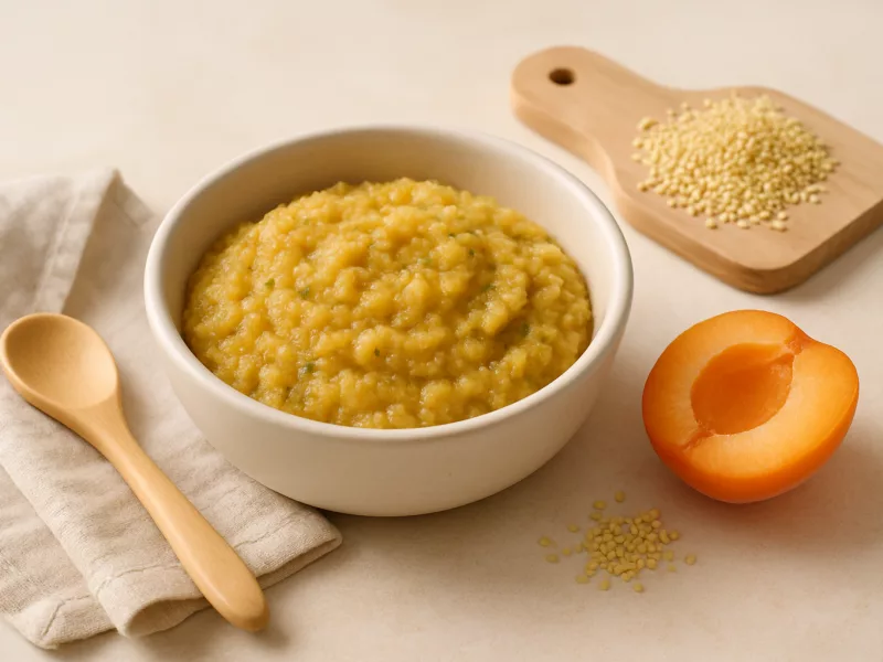 Kom abrikoos-gierstpuree met sperziebonen voor baby, geschikt vanaf 6 maanden