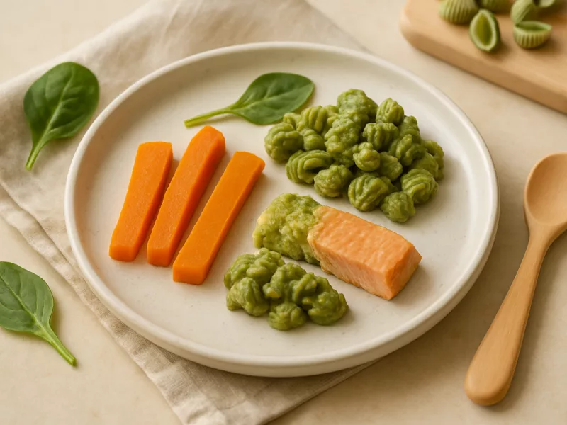 Kom wortel reepjes rapley: grove spinazie-pasta met zalm, geschikt vanaf 6 maanden