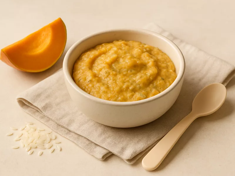 Kom kaas-pompoenrijstpuree met prei en yoghurt, geschikt vanaf 6 maanden