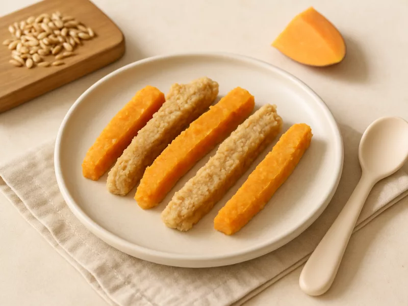 Kom wortel reepjes rapley: grove speltpuree met zoete aardappel en bloemkool, geschikt vanaf 6 maanden