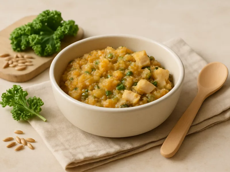 Kom speltpasta met boerenkool, tomaat en kip, geschikt vanaf 12 maanden