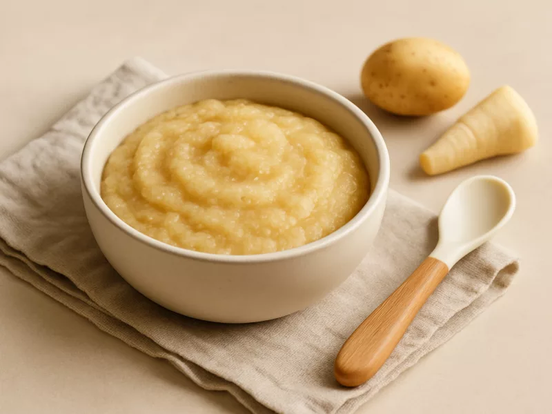 Kom perenmoes baby recept met aardappel en pastinaak, geschikt vanaf 4 maanden