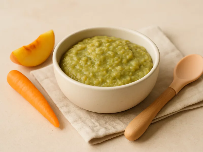 Kom avocado banaan puree baby met perzik, wortel en courgette, geschikt vanaf 4 maanden