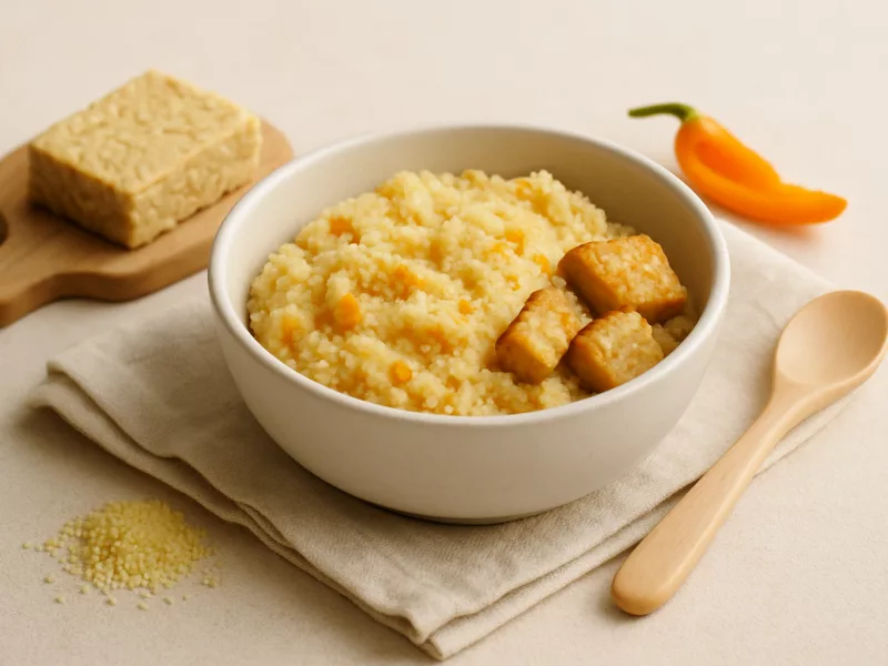 Kom peuter avondeten recept: zachte couscous met tempé, venkel en puntpaprika, geschikt vanaf 12 maanden