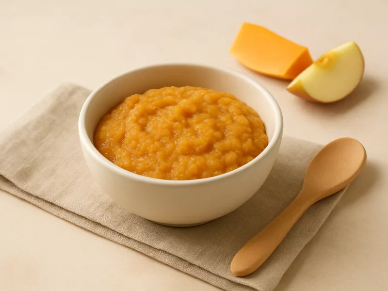 Kom avocado banaan puree baby met flespompoen en appel, geschikt vanaf 4 maanden