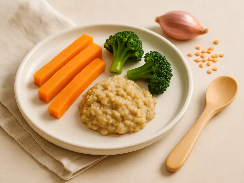 Kom wortel reepjes rapley: stevige sjalot-linzenpuree met broccoli, geschikt vanaf 6 maanden