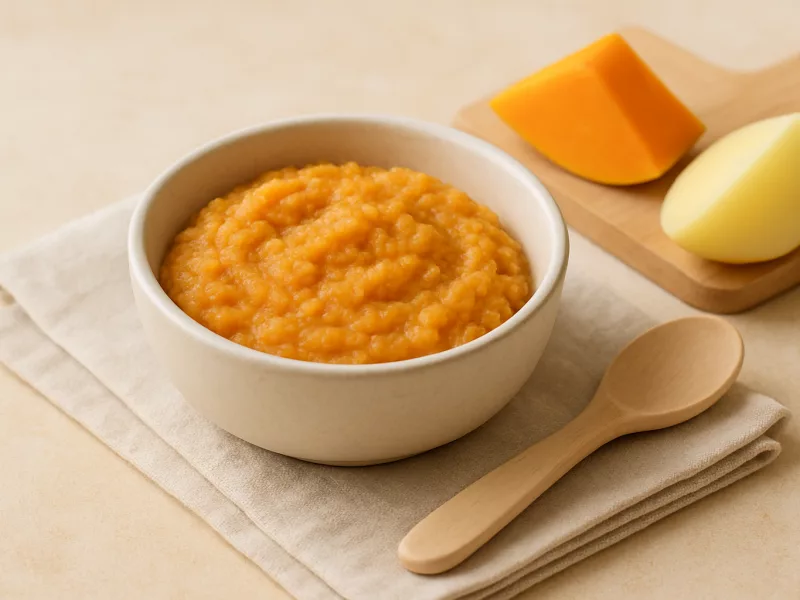 Kom wortel aardappel puree baby met flespompoen en peer, geschikt vanaf 5 maanden