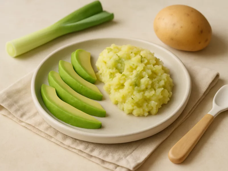 Kom avocadoreepjes met grove prei-aardappelpuree en komijn, geschikt vanaf 6 maanden