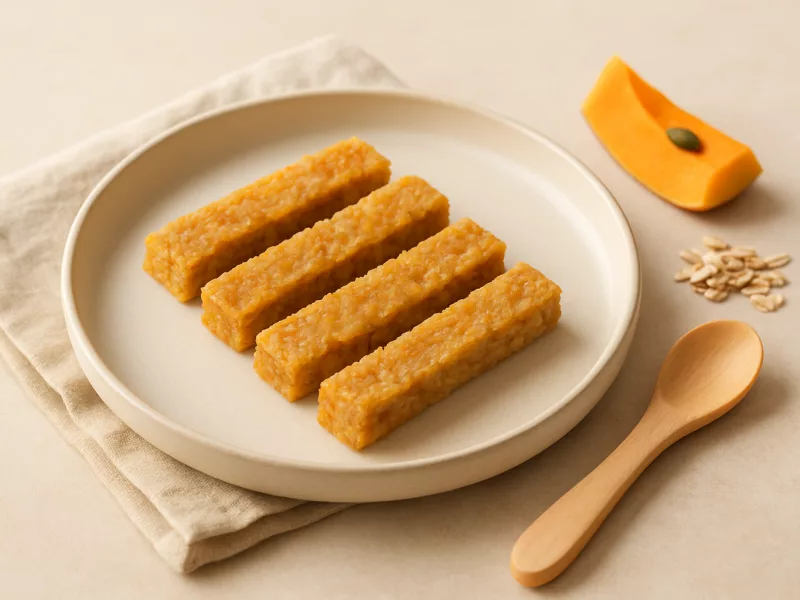 Kom zachte muesli-pompoenpannenkoekreepjes voor baby, geschikt vanaf 9 maanden