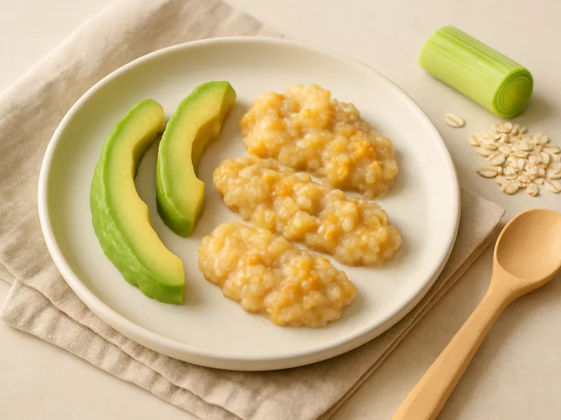 Kom avocadoreepjes baby met prei-perzikhavermoutpap, geschikt vanaf 6 maanden