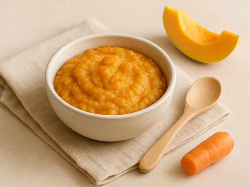 Kom wortel aardappel puree baby als dunne flespompoenpap, geschikt vanaf 5 maanden