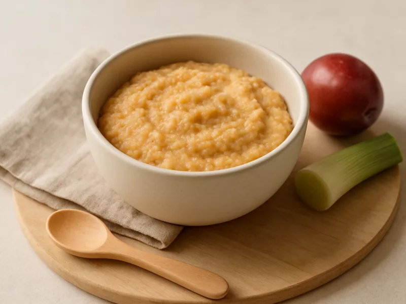 Kom zalm puree baby alternatief: prei-banaanpruimpap, geschikt vanaf 6 maanden