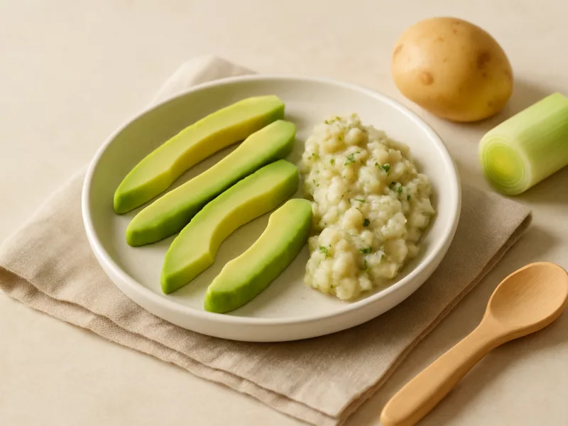 Kom avocadoreepjes baby met stevige prei-wittebonenpuree, geschikt vanaf 6 maanden