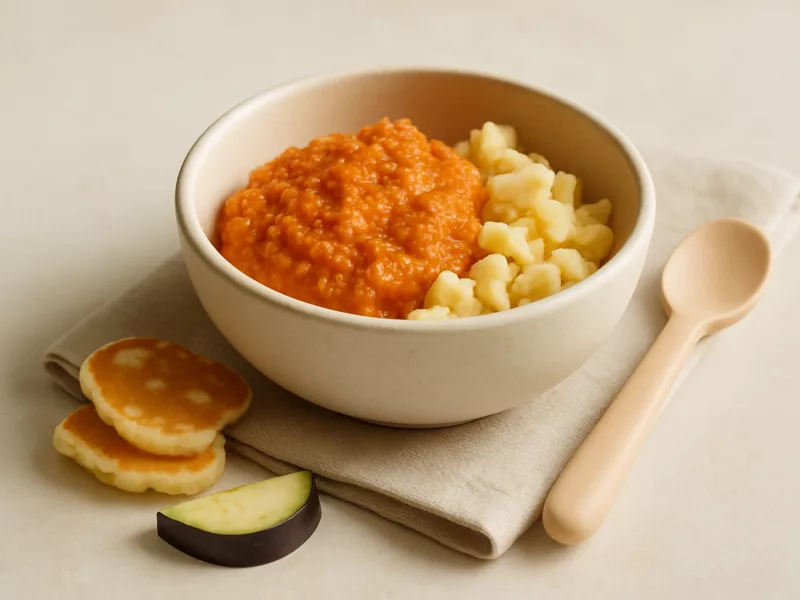 Kom pannenkoekpasta met verstopte aubergine-tomatensaus voor baby, geschikt vanaf 11 maanden