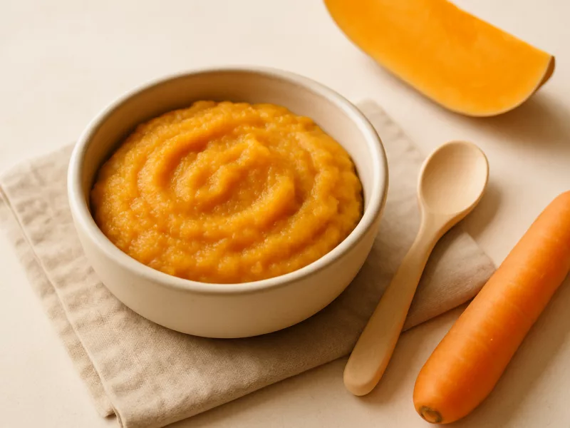 Kom wortel-aardappel puree baby: romige flespompoen-wortelpuree, geschikt vanaf 5 maanden