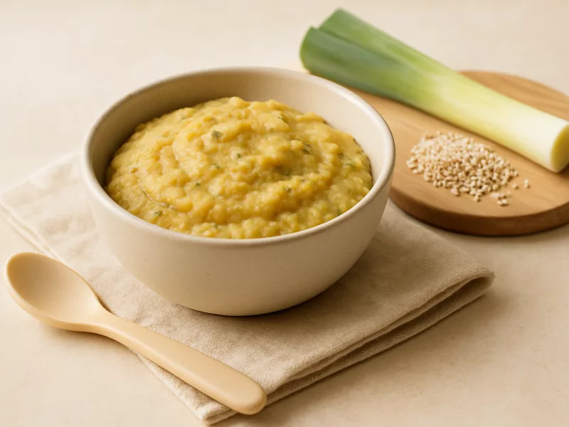 Kom prei-zalmpap met mango en quinoa, geschikt vanaf 6 maanden