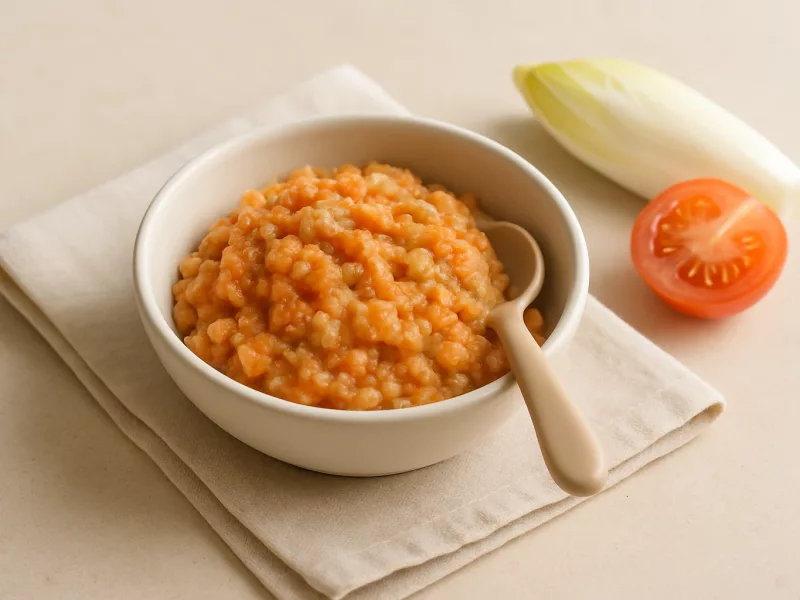 Kom geprakte witlof-linzenpasta met tomaat en witte bonen, geschikt vanaf 8 maanden