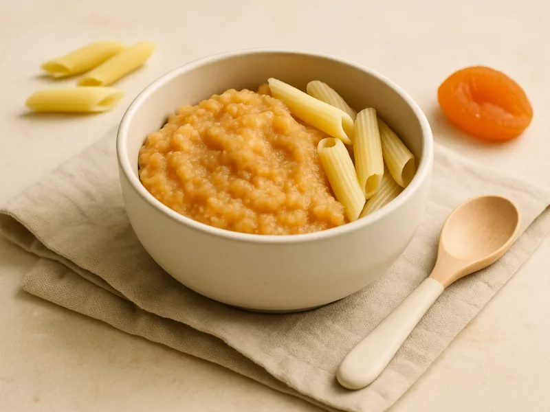 Kom pastasaus met verstopte bloemkool en gedroogde abrikoos voor baby, geschikt vanaf 11 maanden