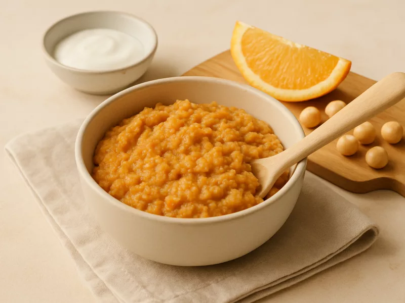Kom kefir-kikkererwtendip met sinaasappel en brood, geschikt vanaf 8 maanden