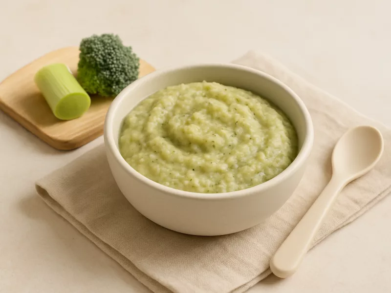 Kom simpel babyhapje met precies drie ingrediënten: prei, broccoli en witte bonen, geschikt vanaf 6 maanden