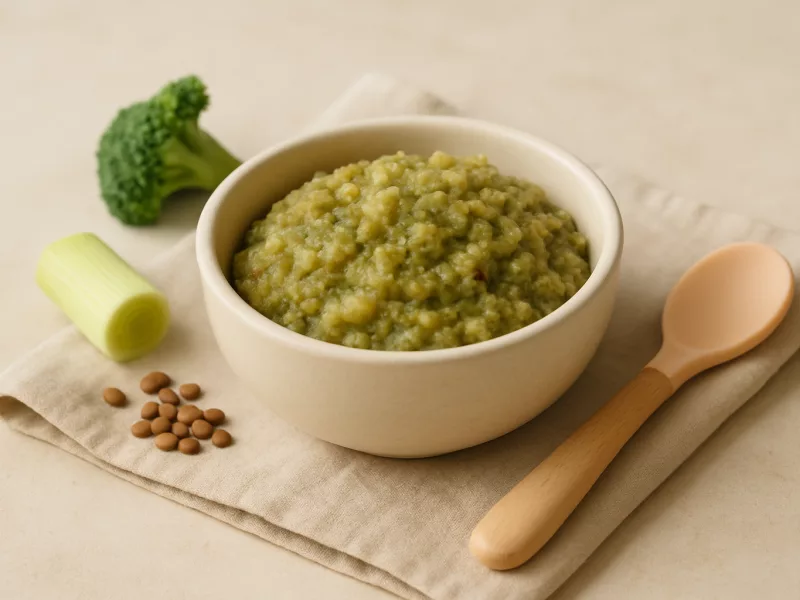 Kom vegetarisch hapje baby 7 maanden: grove prei-linzenpuree met broccoli voor ijzer en vitamine c, geschikt vanaf 7 maanden