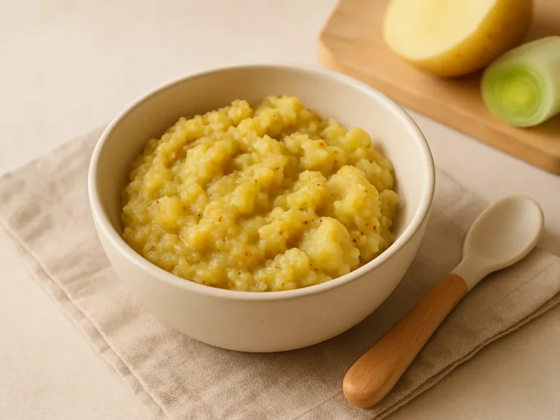 Kom gezinsovenschotel met prei, aardappel en quinoa met aparte babyportie, geschikt vanaf 10 maanden
