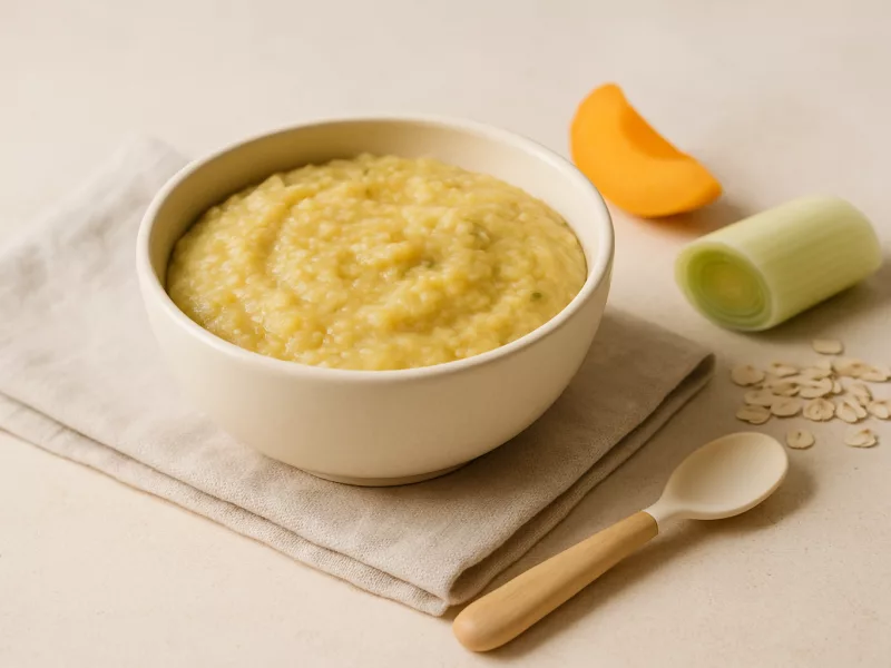 Kom simpel babyhapje met precies drie ingrediënten: prei-havermoutpap met abrikoos, geschikt vanaf 6 maanden