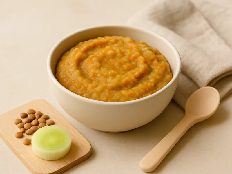 Kom vegetarisch prei-linzenhapje met paprika voor ijzer en vitamine c, geschikt vanaf 7 maanden