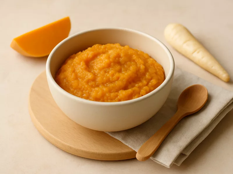 Kom wortel aardappel puree baby alternatief: flespompoen-pastinaakpuree met avocado, geschikt vanaf 5 maanden