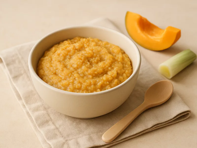 Kom zalm puree baby alternatief: prei-koolvispap met pompoen en banaan, geschikt vanaf 6 maanden