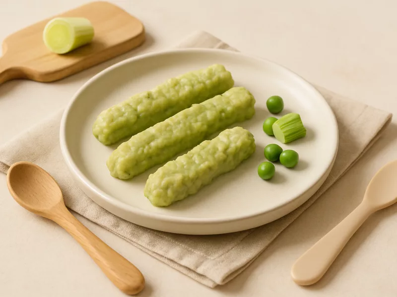 Kom avocado reepjes baby: grove prei-doperwtenpuree met citroen en yoghurt, geschikt vanaf 6 maanden