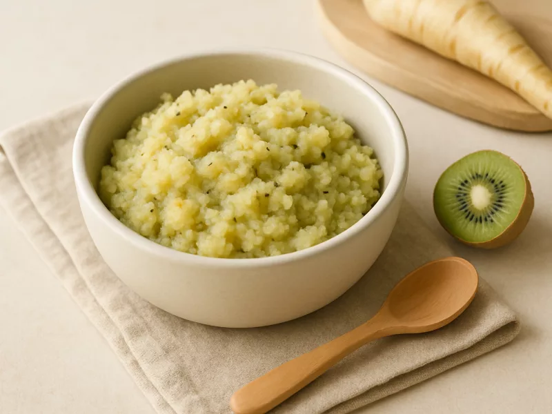 Kom kiwi-pastinaakovenschotel met ricotta en komijn, geschikt vanaf 8 maanden